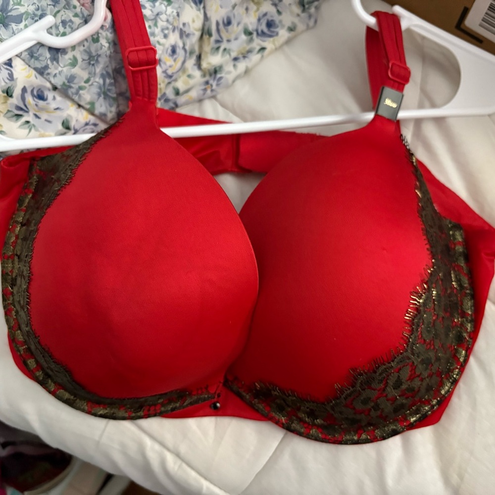 Victoria's Secret Red Push-Up Bra with Dark Olive Lace Trim